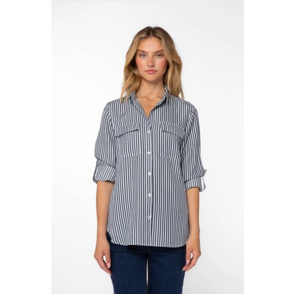 Velvet Heart Tops - Velvet Heart Shirt Button Down Blue and White Stripe Roll Tab Sleeves Tencel Lg